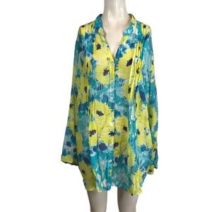Ruby Rd Woman 2X Yellow Blue Floral Print Button Down Shirt Tunic Top
